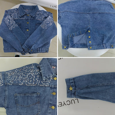 Spring Autumn Denim Jacket Women Fashion Sequin Short Lapel Jean Coats Woman Casual  Full Sleeve Loose Button Coat