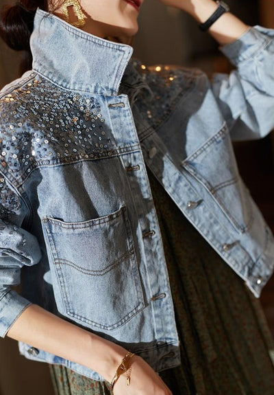 Spring Autumn Denim Jacket Women Fashion Sequin Short Lapel Jean Coats Woman Casual  Full Sleeve Loose Button Coat