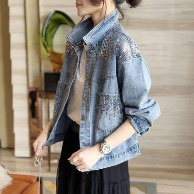 Spring Autumn Denim Jacket Women Fashion Sequin Short Lapel Jean Coats Woman Casual  Full Sleeve Loose Button Coat