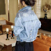 Spring Autumn Denim Jacket Women Fashion Sequin Short Lapel Jean Coats Woman Casual  Full Sleeve Loose Button Coat