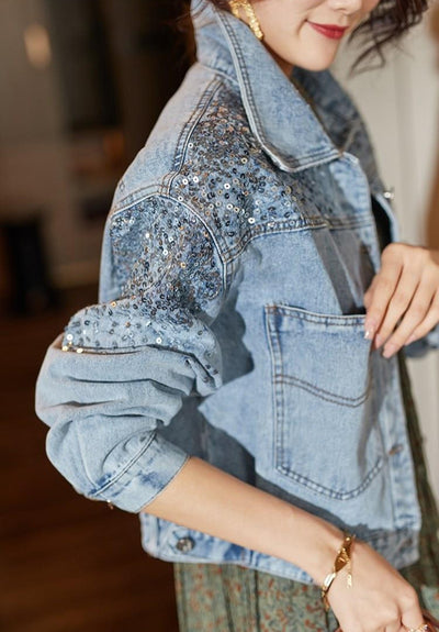 Spring Autumn Denim Jacket Women Fashion Sequin Short Lapel Jean Coats Woman Casual  Full Sleeve Loose Button Coat