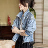 Spring Autumn Denim Jacket Women Fashion Sequin Short Lapel Jean Coats Woman Casual  Full Sleeve Loose Button Coat