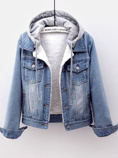 Winter Women Jean Jacket Pockets Button Soft Hooded Warm Outerwear Hooded Fashion Slim Denim Coats Female