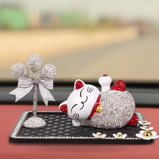 Cartoon Diamond Car Ornament Sleeping Lazy Cat Set Auto Dashboard Interior Decoration Crystal Solar